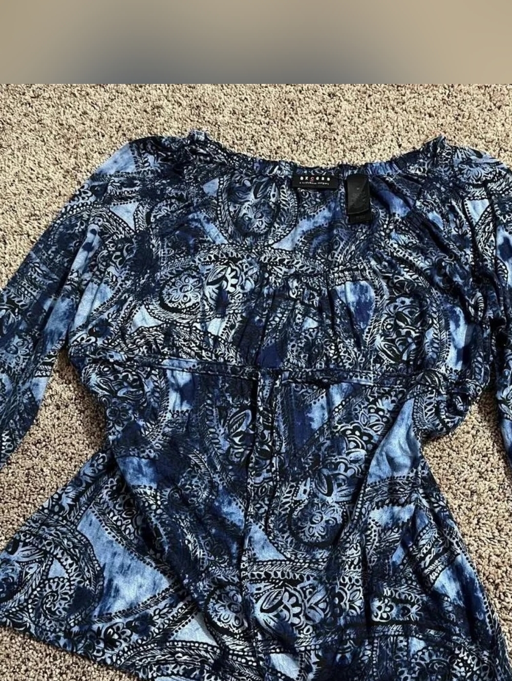 Axcess Navy Blue Patterned Peasant Top